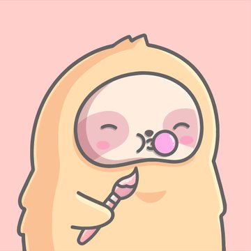 A cute cartoon character in a yellow hooded outfit with a pink bubble on its nose, holding a paintbrush, against a pink background.