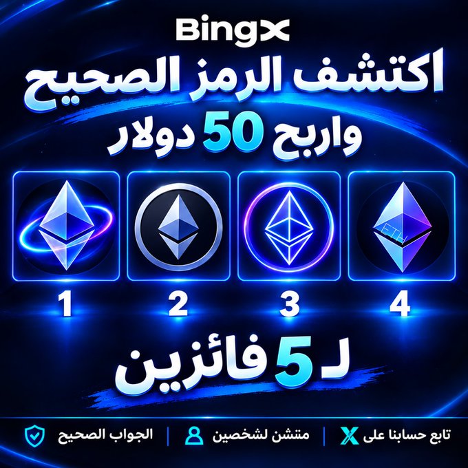 A promotional graphic with Arabic text reading 'BingX' announcing the reveal of the morning secret code and earning 50 dollars and 5 winners, featuring four Ethereum-themed numbered options (1-4).