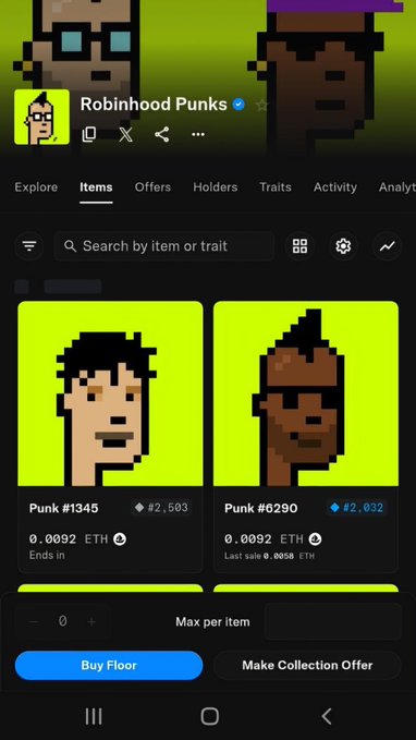A Robinhood Punks collection screen shows Punk #1345 listed at 0.0092 ETH (about $18.78) and Punk #6290 at 0.0092 ETH ($18.68), reflecting the post’s claim that the floor has recovered above 0.009 ETH from a dip below 0.002 ETH.