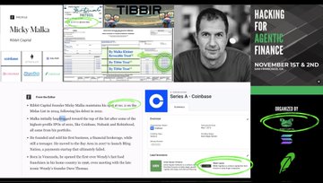 The image is a composite screenshot featuring crypto investor Micky Malka, displaying his Twitter/X profile page alongside his website (mickymalka.com) and a promotional graphic for a "Hacking for Agentic Finance" event on November 1st & 2nd, with circled highlights emphasizing his involvement with $TIBBIR and the contract address 0xA4A2E2ca3fBfE21aed83471D28b6f65A233C6e00 on the Base network, supporting the post's claim of his personal connection to the token launch.