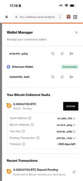 Mobile screenshot of a Wallet Manager showing 'lc1r3prlfo...g4ilg' connected to an Ethereum Wallet, alongside Bitcoin Collateral Vaults including 0.00442786 BTC (55.07 Pending) and a recent 0.00442786 BTC deposit transaction.