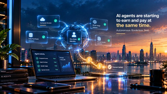 A promotional graphic showing AI agents earning and paying at the same time with autonomous borderless payments, featuring icons for Compute Access, Data Purchase, Model Usage, Service Access, and On-chain Identity connected to a globe, with a laptop showing Agent Activity and earnings of +$152.40.