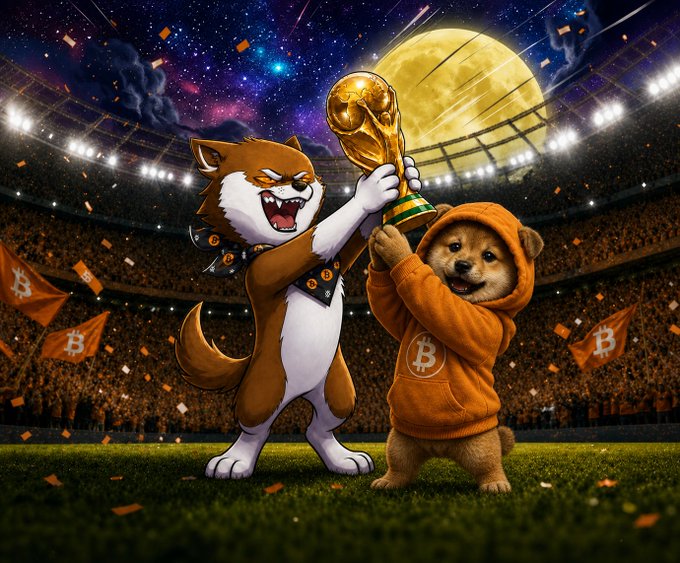 A vibrant digital illustration depicting a Shiba Inu dog and a small bear in an orange Bitcoin hoodie celebrating together in a stadium at night, lifting a golden trophy under a large full moon, with Bitcoin flags visible in the crowd.