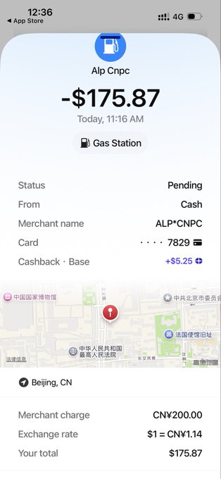 A mobile payment receipt for -$175.87 at a gas station (Alp Cnpc) in Beijing, CN, charged as CNY200.00 with an exchange rate of $1 = CNY1.14 and $5.25 cashback.