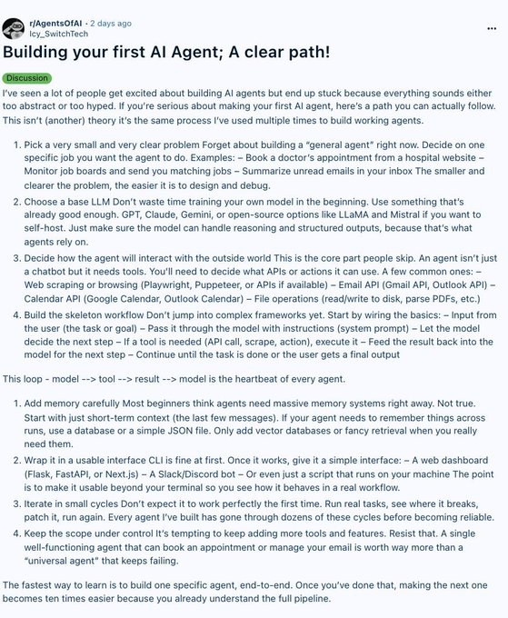A Reddit post titled "Building your first AI Agent; A clear path!" from r/AgentsOfAI outlines a step-by-step guide for beginners to create AI agents.
