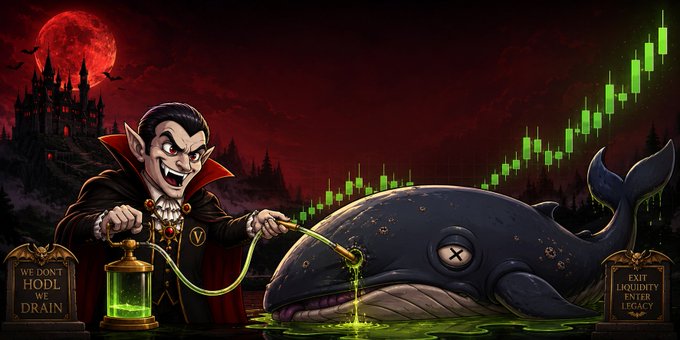 A vampire cartoon figure extracts green liquid from a beached whale into a flask, with a green stock chart rising in the background, a blood moon over a castle, and plaques reading 'WE DONT HODL WE DRAIN' and 'EXIT LIQUIDITY ENTER LEGACY.'