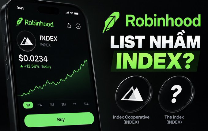 A Robinhood cryptocurrency listing page shows the INDEX token (Index Cooperative) priced at $0.0234 with a +12.56% daily gain, alongside promotional text asking 'LIST NHẦM INDEX?' and showing the unknown 'The Index' token.