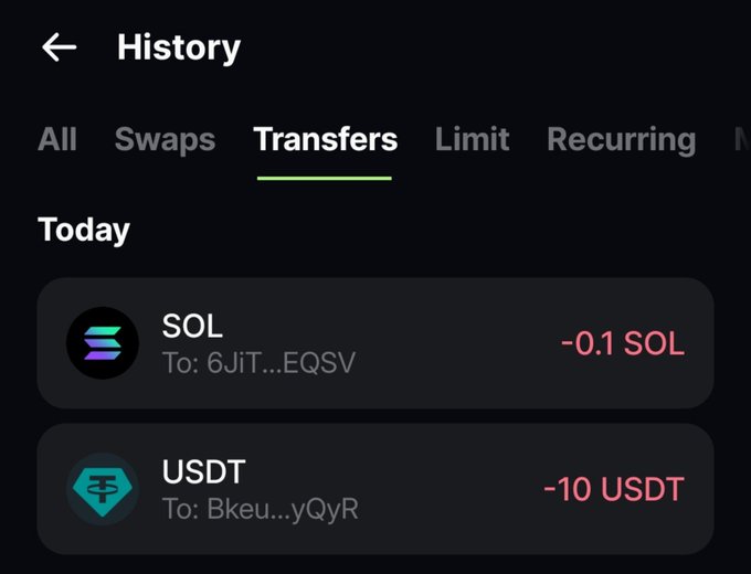 The image shows a transaction history screen displaying two recent crypto transfers: -0.1 SOL sent to address 6JiT...EQSV and -10 USDT sent to address Bkeu...yQyR. This likely illustrates the crypto prizes being sent out to the two giveaway winners, @ruduies and @SaneeOnWeb3, as a way to publicly verify that the rewards have been delivered to their wallets.