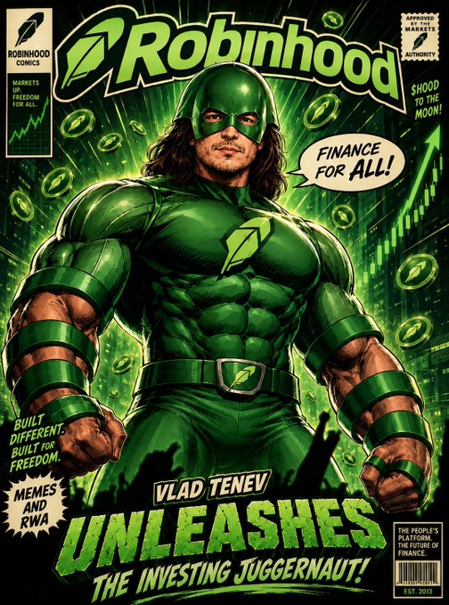 A comic book-style cover featuring a muscular superhero in green and black with long hair and a mask. The cover promotes 'Robinhood' with text like 'FINANCE FOR ALL!', 'SHOOT TO THE MOON!', and labels the character as 'VLAD TENEV' under the headline 'UNLEASHES THE INVESTING JUGGERNAUT!'.