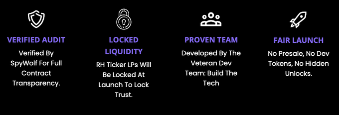 The image displays four purple icons highlighting key trust features of the $RHINO token: "VERIFIED AUDIT" (audited by SpyWolf for full contract transparency), "LOCKED LIQUIDITY" (RH Ticker LPs locked at launch), "PROVEN TEAM" (developed by the Veteran Dev Team: Build The Tech), and "FAIR LAUNCH" (no presale, no dev tokens, no hidden unlocks). These visuals directly support the post's claim that $RHINO on #PulseChain can be independently verified rather than taken on faith.
