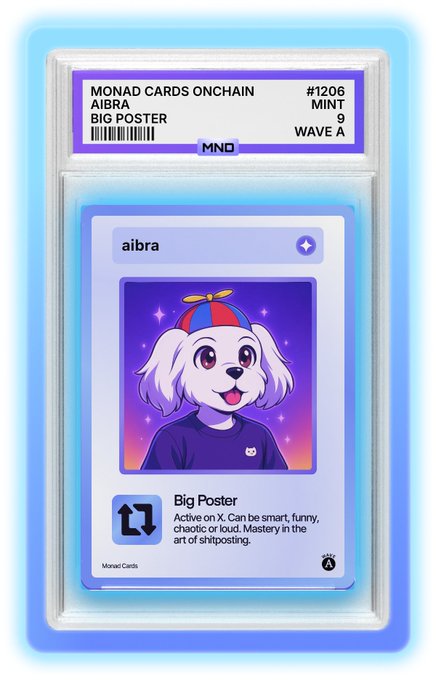 A graded Monad Cards Onchain collectible card (#1206) titled 'Big Poster' features a cartoon white dog wearing a propeller hat against a purple starry background.