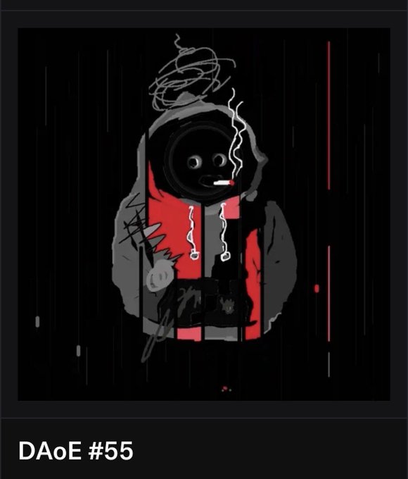 The image shows a dark, glitchy digital artwork of a hooded figure smoking a cigarette, with a spiral scribble above its head and red accents against a black background, labeled "DAoE #55" at the bottom. The caption text beneath the figure playfully references Beeple and jokes about a schoolyard bully—now a degenerate NFT collector—suggesting the artwork mocks the NFT/crypto art world, with the "DAoE" likely standing for a play on "Cryptopunk" or similar digital art collection (possibly "Dickheads Anonymous of Ethereum" or similar meme reference).