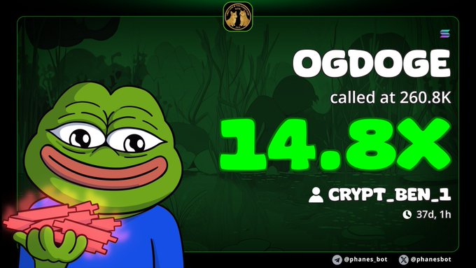 The image features a cartoon frog with a green body, wearing a blue shirt, sitting next to a banner that displays information about an online game called "OGDOGE" or "Ogdogge", which is a type of video game. The text on the banner indicates that the game has been called at 260,8K and has 14 players.