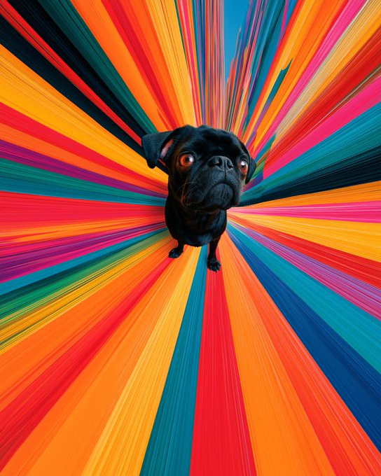 A black pug stands centered against a dynamic, multicolored background of radiating lines in shades of orange, pink, blue, and teal.