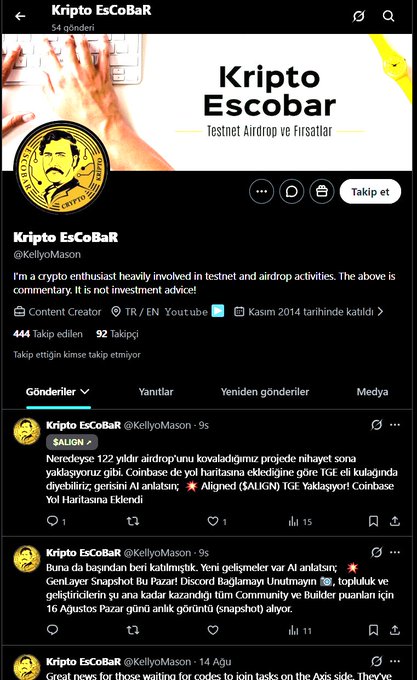 A social media profile page for 'Kripto EsCoBaR' (@kellyoMason) displays a banner advertising 'Kripto Escobar Testnet Airdrop ve Fırsatlar' along with Turkish-language tweets about cryptocurrency airdrops.