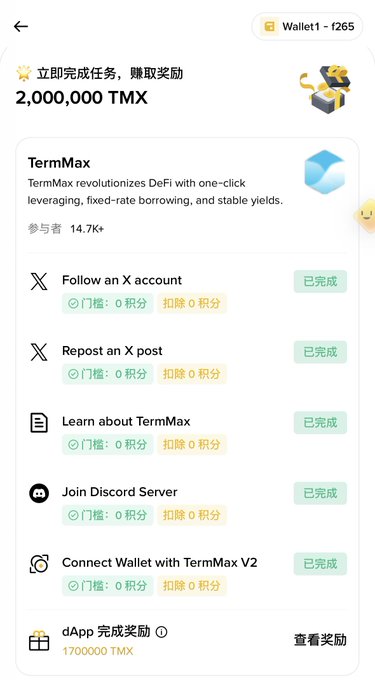 A TaskOn rewards page for TermMax DeFi platform showing 2,000,000 TMX reward for completing tasks like following on X, joining Discord, and connecting a wallet, all marked as 已完成 (completed).