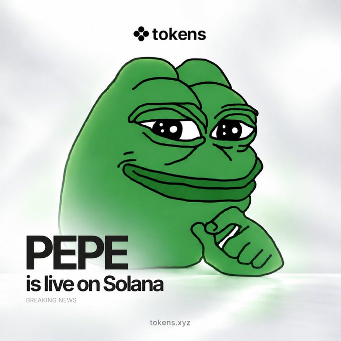 A promotional graphic featuring the iconic Pepe the Frog character in his contemplative "thinking" pose against a soft, cloudy background. The image displays the "tokens" logo at the top, with bold text reading "PEPE is live on Solana" and "BREAKING NEWS" at the bottom, announcing $PEPE's launch on the Solana blockchain via Sunrise.