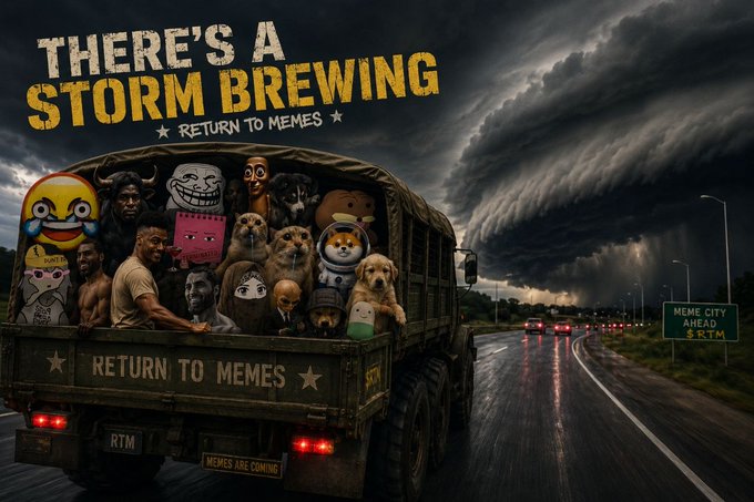 A military truck packed with various internet memes—including a Shiba Inu, trollface, and distressed Wojak—drives down a highway under dark, stormy skies, with bold yellow text reading "THERE'S A STORM BREWING - RETURN TO MEMES" and a road sign pointing to "MEME CITY AHEAD." The truck's tailgate bears the phrases "RETURN TO MEMES" and "MEMES ARE COMING," emphasizing a nostalgic resurgence of classic internet humor.