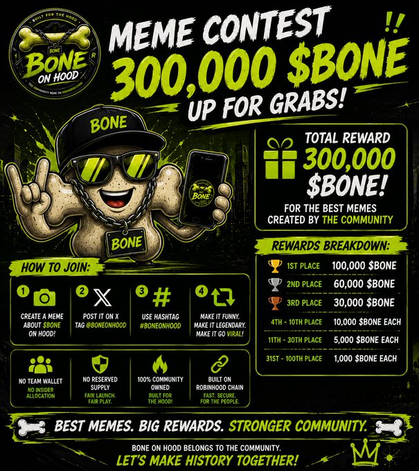 Promotional graphic for a 'Bone on Hood' meme contest offering 300,000 $BONE in total rewards, including 100,000 $BONE for 1st place.