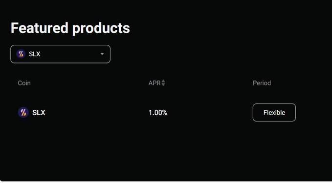The image displays a "Featured products" section showcasing SLX coin with an APR of 1.00% and a Flexible staking period. This aligns with the announcement that SLX is now listed on Bitget Simple Earn as a Flexible product, allowing users to stake SLX with flexible terms.