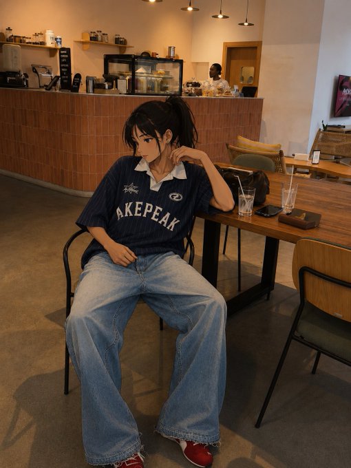 A young woman with a ponytail sits at a wooden table in a café, wearing a navy blue 'AKEPEAK' t-shirt and loose blue jeans, resting her head on her hand.
