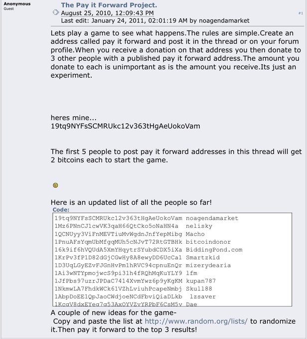 A forum post from August 25, 2010 by user "noagendamarket" announces "The Pay it Forward Project," a game where recipients donate received bitcoin to three others. The post includes a Bitcoin address (19tg9NYFsSCMRUkc12v363tHgAeUokoVam) and an updated list of participants with addresses such as "1Mz6PNnCJlcwVK3qaH66CtCko5oNaHN4a" for "nelisky" and "1kcdV8dxEYea7a53AxOYVzvYKPbF6CeM5v" for "Dae," illustrating the early chain of bitcoin generosity described in the caption.
