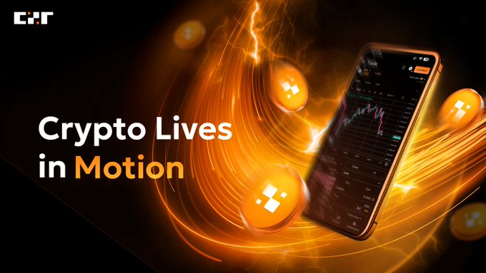 The image features a cell phone with an orange background displaying a cryptocurrency trading app, which has a wave-like design. The text "Crypto lives in motion" is written above the phone, and there are several coins scattered around the phone's screen. The phrase "Access should feel just as natural - and that’s exactly what CZR is built for." appears below the phone.