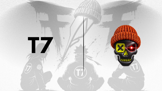 A T7-themed graphic featuring a skull wearing an orange beanie with an 'X' over one eye and a red cybernetic eye, set against silhouettes of figures and graffiti-style 'T7' lettering.