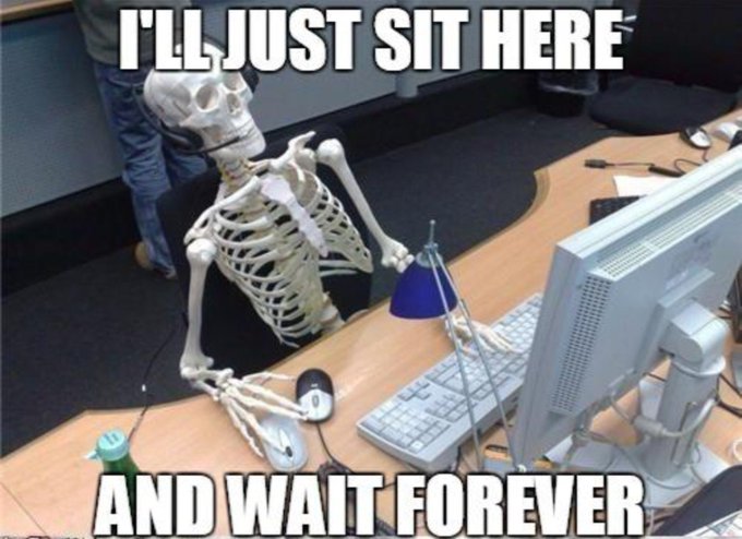 A meme featuring a skeleton sitting at a desk in front of a computer monitor with the text 'I'LL JUST SIT HERE AND WAIT FOREVER'.