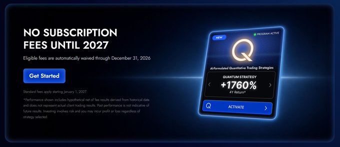 A digital advertisement reads 'NO SUBSCRIPTION FEES UNTIL 2027' with a 'Get Started' button, showing an 'AI Formulated Quantitative Trading Strategies' app card displaying 'QUANTUM STRATEGY +1760% 47 Return'.