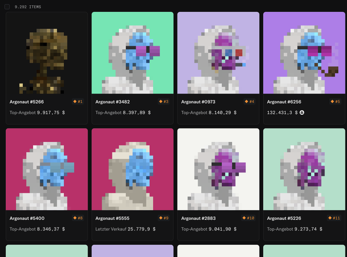 A digital marketplace interface displaying a grid of pixelated NFT astronaut listings on colorful backgrounds, showing items like 'Argonaut #6266' with a top bid of 9,917.75$, 'Argonaut #3482' at 8,397.89$, and others, with a total of 9,292 items.