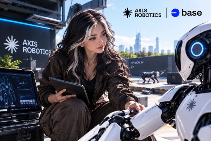 A young woman with dark, streaked hair crouches to examine the mechanical hand of a white humanoid robot, with a laptop displaying anatomical AI data beside her. The backdrop features the "AXIS ROBOTICS" logo alongside the "base" platform branding, visually tying to the announcement of Axis Robotics' $AXIS token sale on Base powered by Sonar via Echo.