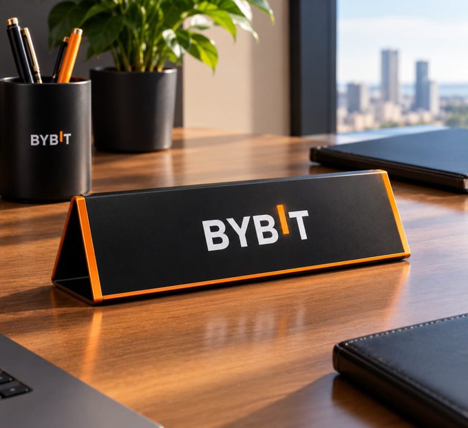 A triangular black and orange BYBIT branded sign displayed on a wooden desk, accompanied by a matching pen holder and a potted plant in the background.
