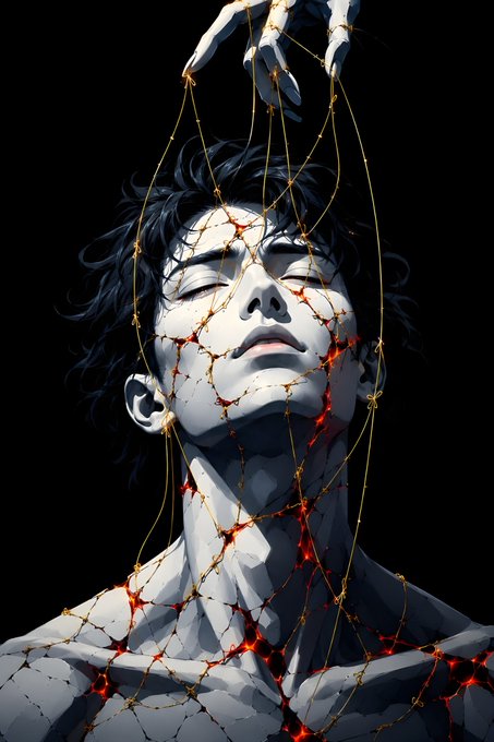 A dark, anime-style illustration shows a pale figure with closed eyes being ensnared by glowing golden web-like threads, manipulated by a skeletal hand from above.