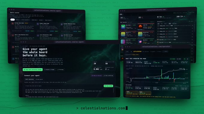 Promotional graphic for celestialnations.com showing multiple dark-themed dashboard interfaces for AI agents and crypto trading, with the tagline "Give your agent the whole board before it buys."