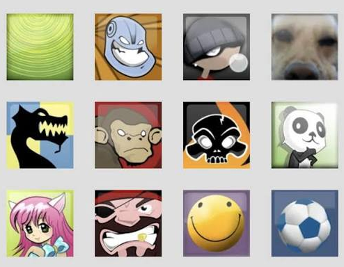 A 3x4 grid of various image icons/tiles including a green swirl, a masked ninja, a beanie-wearing figure, a close-up dog face, a black dragon, a monkey, a ninja logo, a panda, an anime catgirl, a cartoon face, a smiley ball, and a soccer ball.