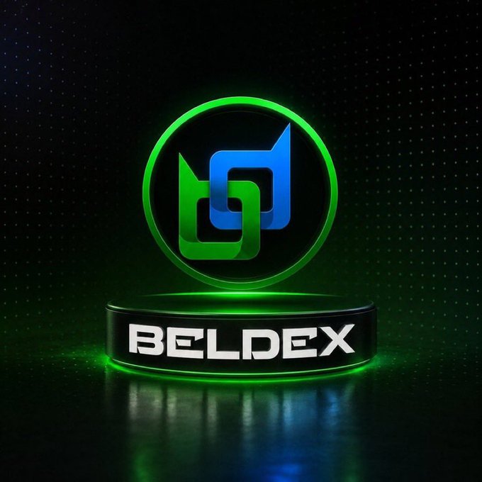 A glowing neon-style logo for 'BELDEX' featuring a green and blue stylized 'b' symbol inside a circle on a dark background with green light effects.