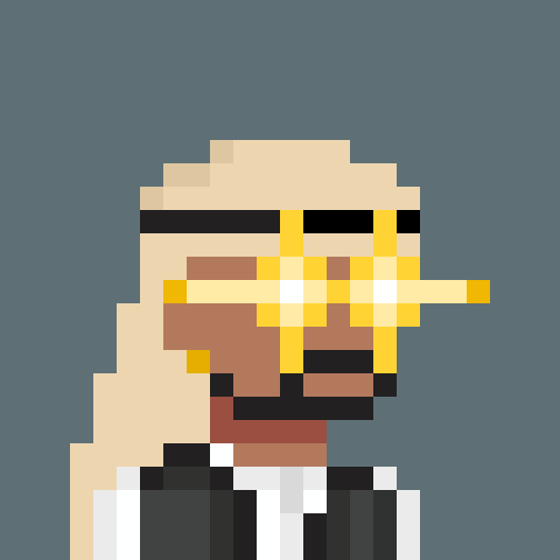 A pixel art character with a bald head, large yellow rectangular glasses, and a red mouth is displayed against a blue background, representing one of the ArabPunks NFT collectibles that are being rapidly minted on OpenSea.