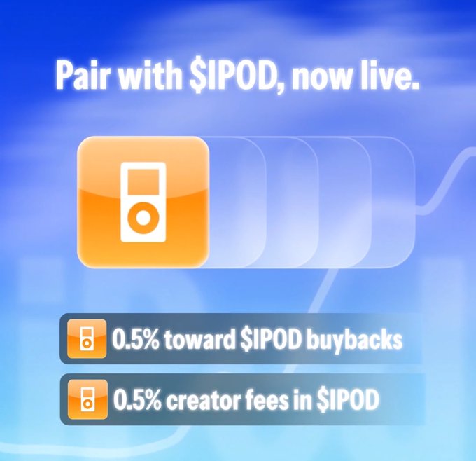 A promotional graphic reading 'Pair with $IPOD, now live.' featuring an orange iPod icon and text stating '0.5% toward $IPOD buybacks' and '0.5% creator fees in $IPOD'.