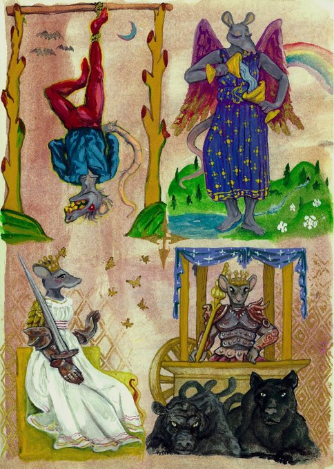 A whimsical colored illustration features four panels showing anthropomorphic mice dressed as a gymnast, an angel, a queen with a sword, and a charioteer, along with two black cats at the bottom.