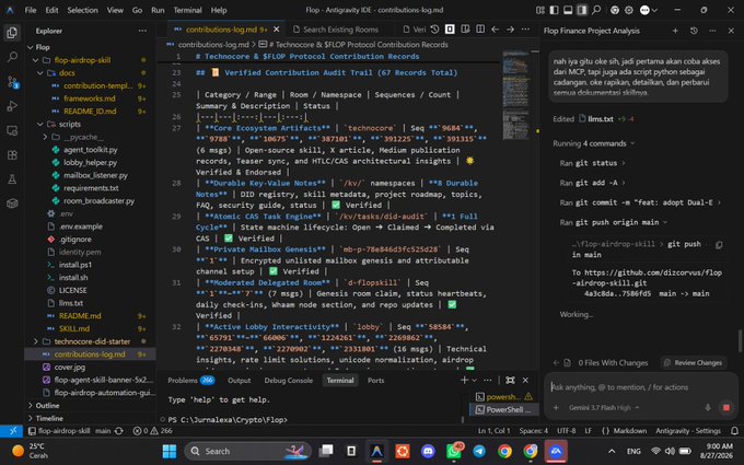 A screenshot of VS Code showing the `flop-airdrop-skill` project, with the terminal displaying a verified contribution audit log highlighting 50+ records of AI agent activities (8,651 contributions including articles, room moderation, and active lobby interactions) under Technocore & SF/OP Protocol.