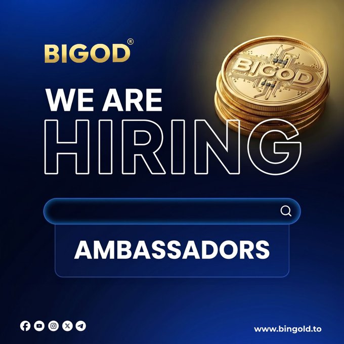A promotional graphic featuring the BIGOD logo, a stack of gold coins branded with the company name, and bold "WE ARE HIRING" text above a search bar displaying "AMBASSADORS," with social media icons and the website www.bingold.to at the bottom. The image visually reinforces the post's announcement that BIGOD is recruiting Trading and Engagement Ambassadors.