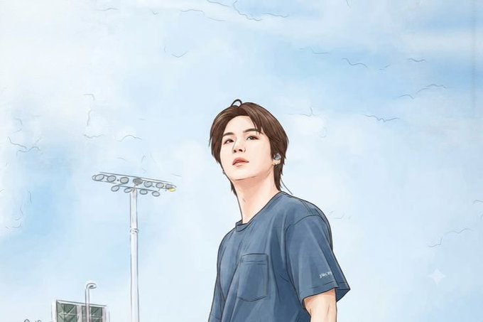 An illustrated portrait of a young man in a blue t-shirt standing outdoors with stadium lights and a blue sky in the background.