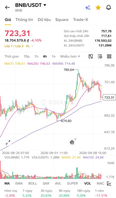 A cryptocurrency chart shows BNB/USDT trading at 723.31, down 4.10%, with candlestick price action and volume indicators on the Binance app.