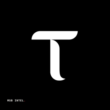 Minimalist black and white logo design featuring a stylized letter 'T' with the text 'MSB INTEL.' in the bottom left corner.