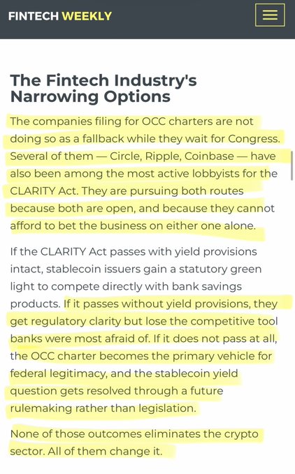 A screenshot from Fintech Weekly titled 'The Fintech Industry's Narrowing Options' discusses fintech companies like Circle, Ripple, and Coinbase pursuing OCC charters and lobbying for the CLARITY Act, with key passages highlighted in yellow.
