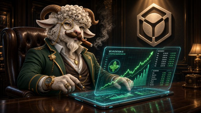 An AI-generated image of a wealthy anthropomorphic ram with glasses and a monocle, smoking a cigar while analyzing a glowing green holographic cryptocurrency chart on a tablet, with a logo in the background.