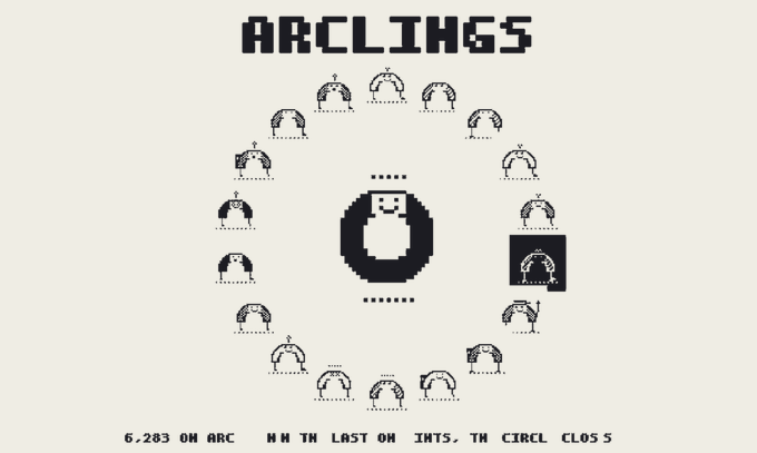 Pixel art graphic for 'ARCLINKS' showing a central figure surrounded by smaller figures in a circular pattern, with text '6.283 ON ARC' and 'NM TH LAST ON INTS, TH CIRCL CLOS 5'.