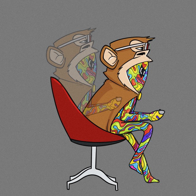 A cartoon monkey wearing sunglasses sits in a red chair, its body covered in a psychedelic tie-dye pattern, with a faint reflection visible behind it — visually embodying the chaotic, playful energy of the "gm, Lock-TF in" crypto/gaming greeting.