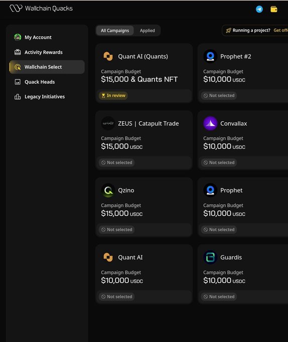 A screenshot of the Wallchain Quacks dashboard showing various campaign budgets in USOC including Quant AI ($15,000), ZEUS | Catapult Trade ($15,000), Qzino ($15,000), Prophet ($10,000), and others.
